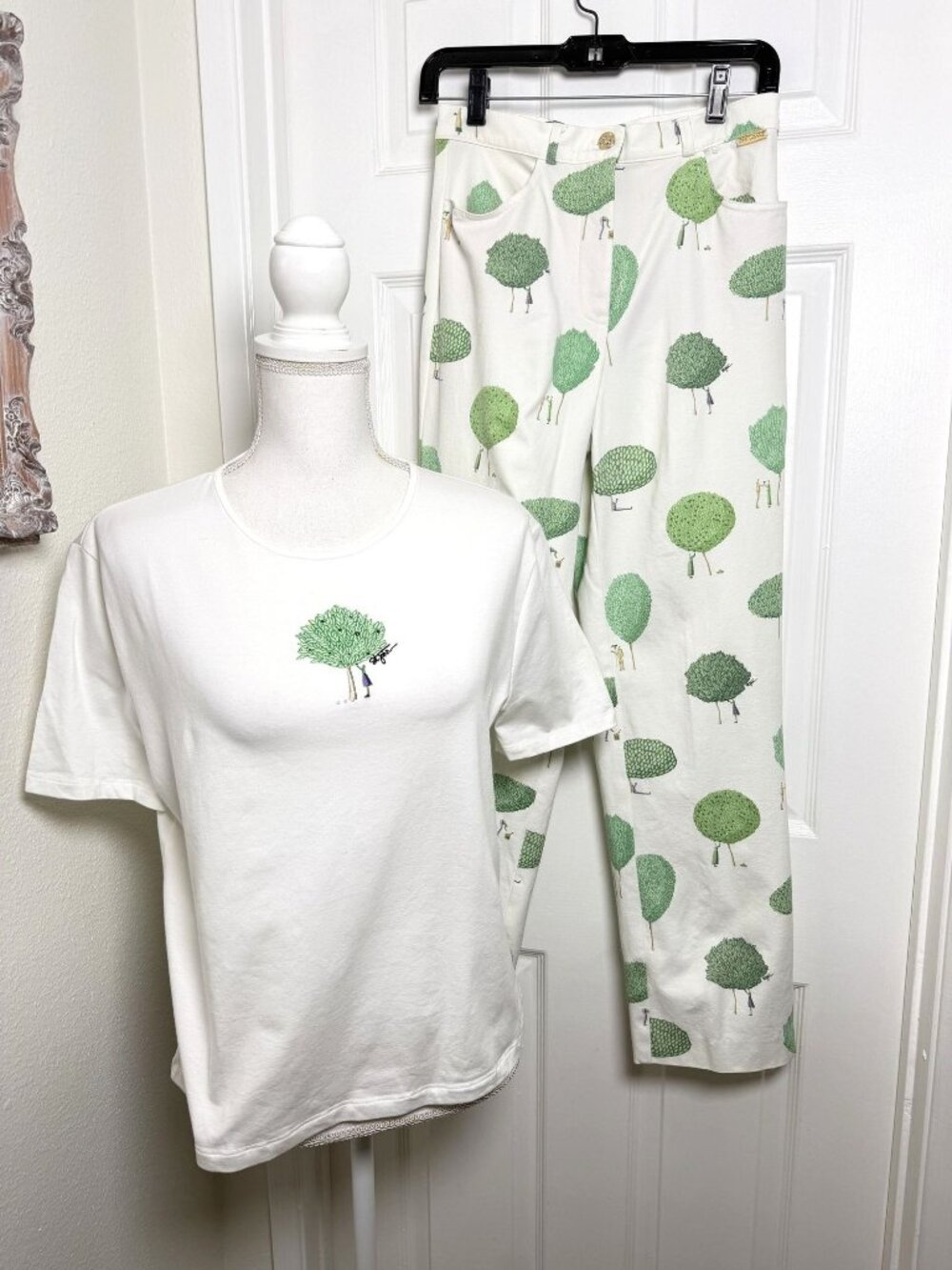 St. John Shirt/ Pants Set Whimsical Tree Graphic Tee Allover Print Pants As Is